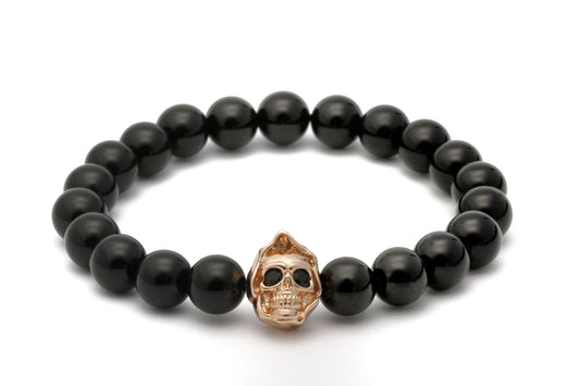 8mm Black Agate Skull Charm Beaded Bracelet