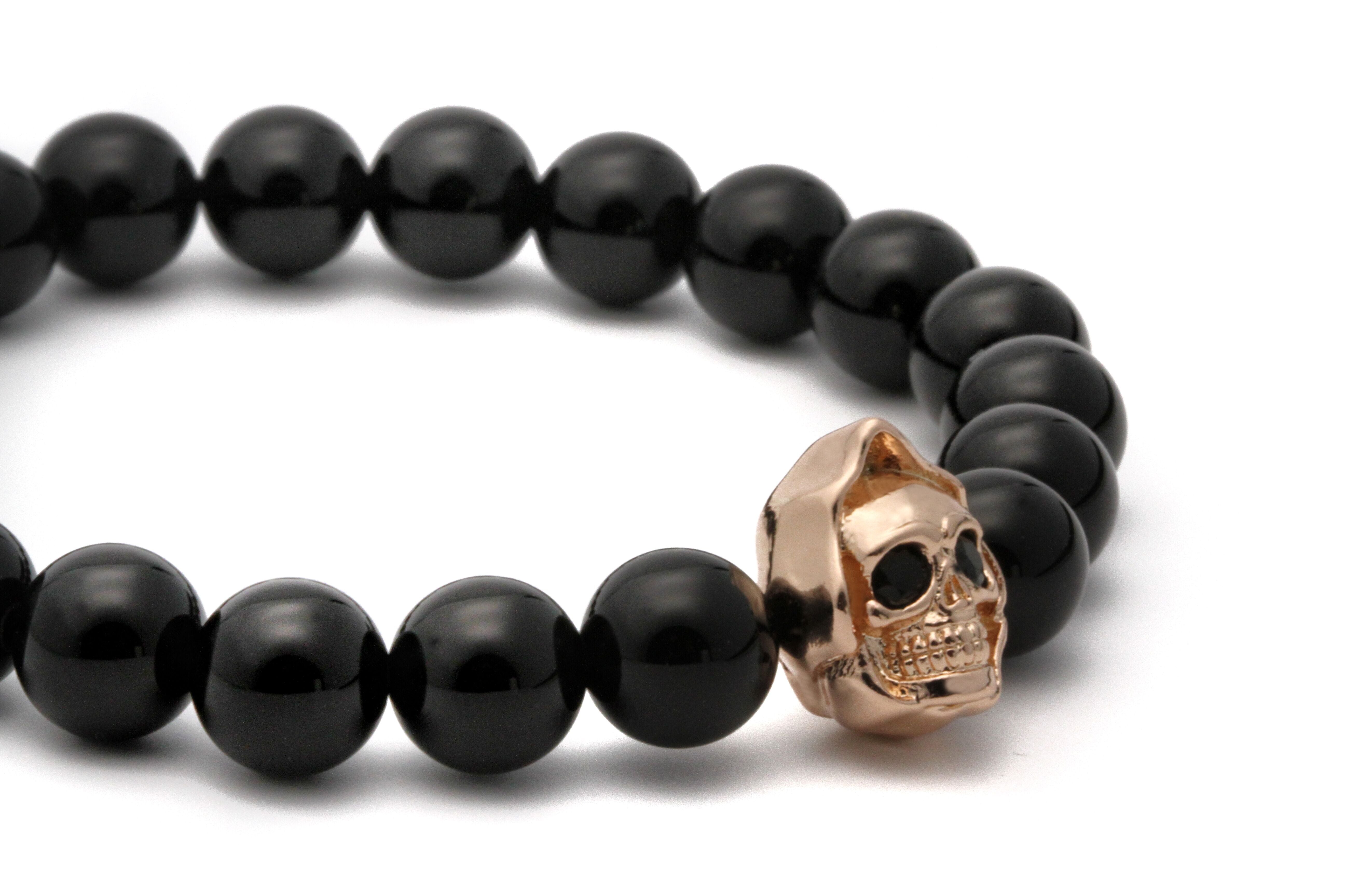 8mm Black Agate Skull Charm Beaded Bracelet