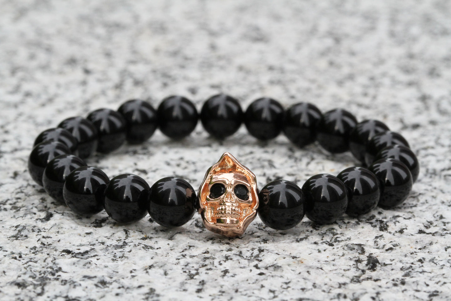 8mm Black Agate Skull Charm Beaded Bracelet