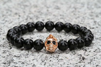 8mm Black Agate Skull Charm Beaded Bracelet