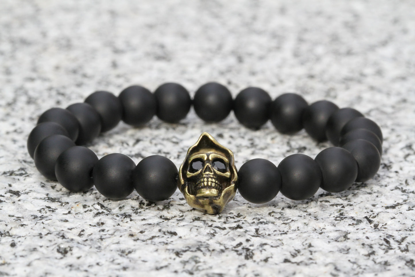 8mm Matte Black Agate Beads Skull Bracelet