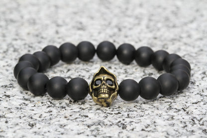 Pulsera de calavera con cuentas de ágata negra mate de 8 mm 