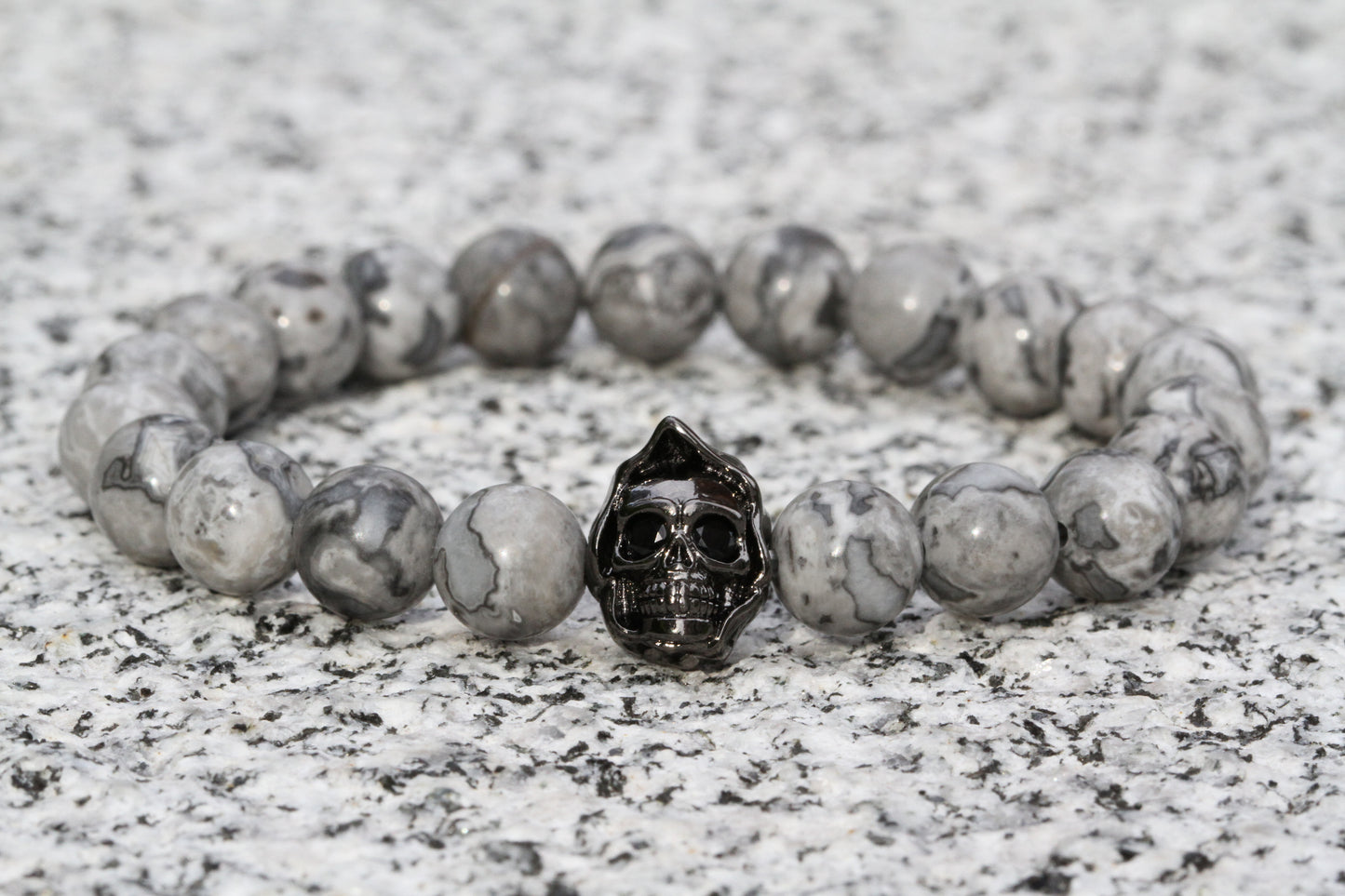 8mm Grey Scenery Jasper Beads Skull Charm Bracelet