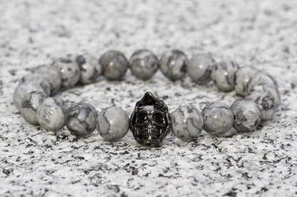 Pulsera con dije de calavera con cuentas de jaspe de paisaje gris de 8 mm 