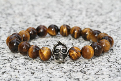 8mm Brown Tiger Eye Beads Skull Bracelet