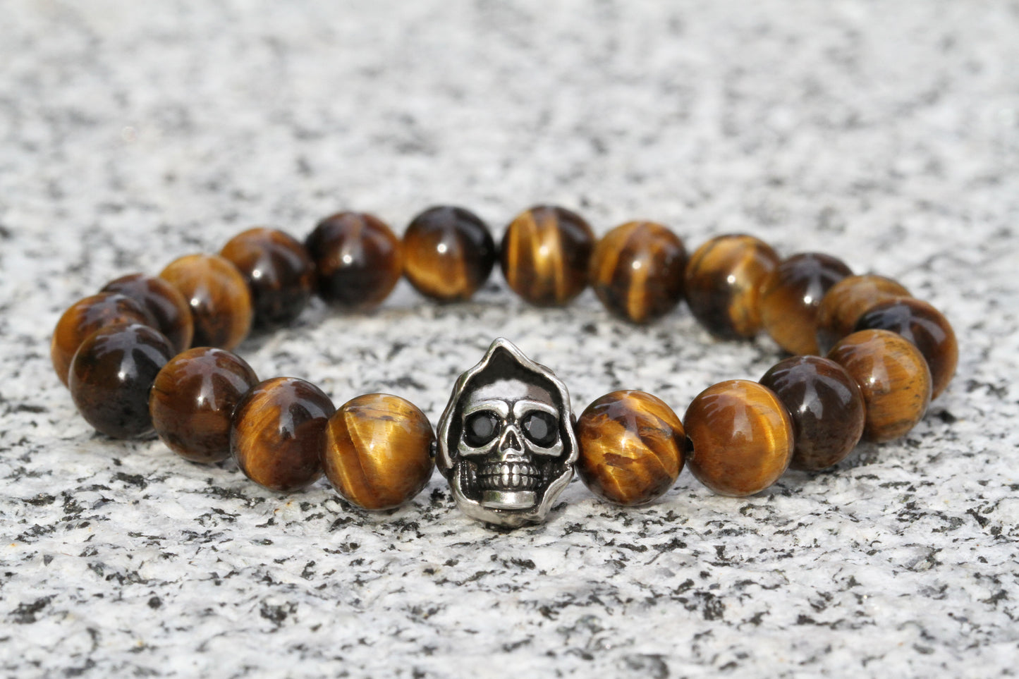 Pulsera de calavera con cuentas de ojo de tigre marrón de 8 mm 