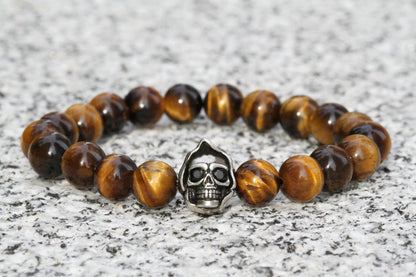 Pulsera de calavera con cuentas de ojo de tigre marrón de 8 mm 