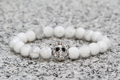 8mm Matte White Howlite Beads Skull Bracelet